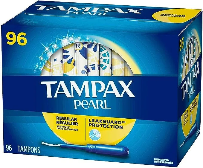 Tampax Pearl Plastic, Antigravity LeakGuard Braid, Regular Absorbency Unscented Tampons, 96 Count