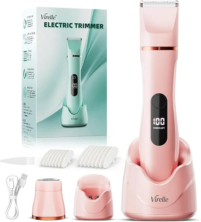 Bikini Trimmer for Women – Painless Waterproof Electric Razor Remover Foil Shaver for Leg, Body, Armpit & Facial Hair, Cordless with Ceramic Blade,USB Charging Dock, Travel Size, Gifts for Her, Pink