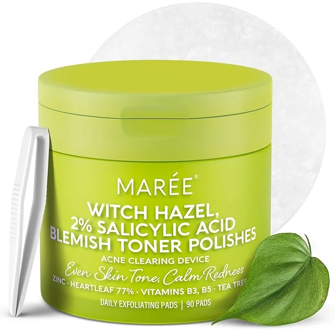 MAREE Glycolic Acid Pads – Toner Pads for Face Cleansing – Exfoliating Pad with Tea Tree Oil, Salicylic Acid & Vitamins E, B3, B5 – Acne Clearing, Skin Pore Resurfacing & Radiance Device – 50 Count