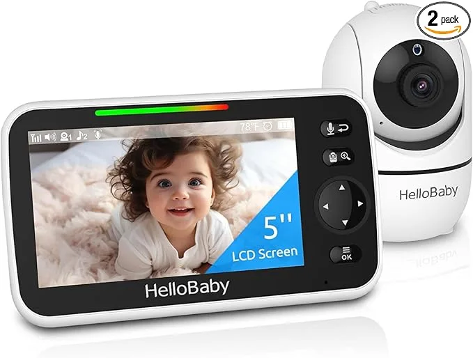 HelloBaby No WiFi Baby Monitor 5″ Screen 30-Hour Battery Pan-Tilt-Zoom Video Upgrade with Camera and Audio, Night Vision, VOX, 2-Way Talk, 8 Lullabies and 1000ft Range, HB6550
