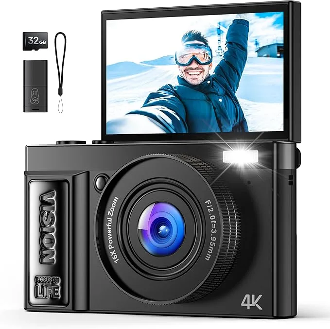 Purchased through A2EShip Ship For Me: Digital Camera 4K for Photography Vlogging: 64MP Cameras for Video – 16X Zoom Photo Camera Gifts for Teens Ages 8-18 – 180°Flip Screen Compact Cámara – Point and Shoot Digital Cameras for